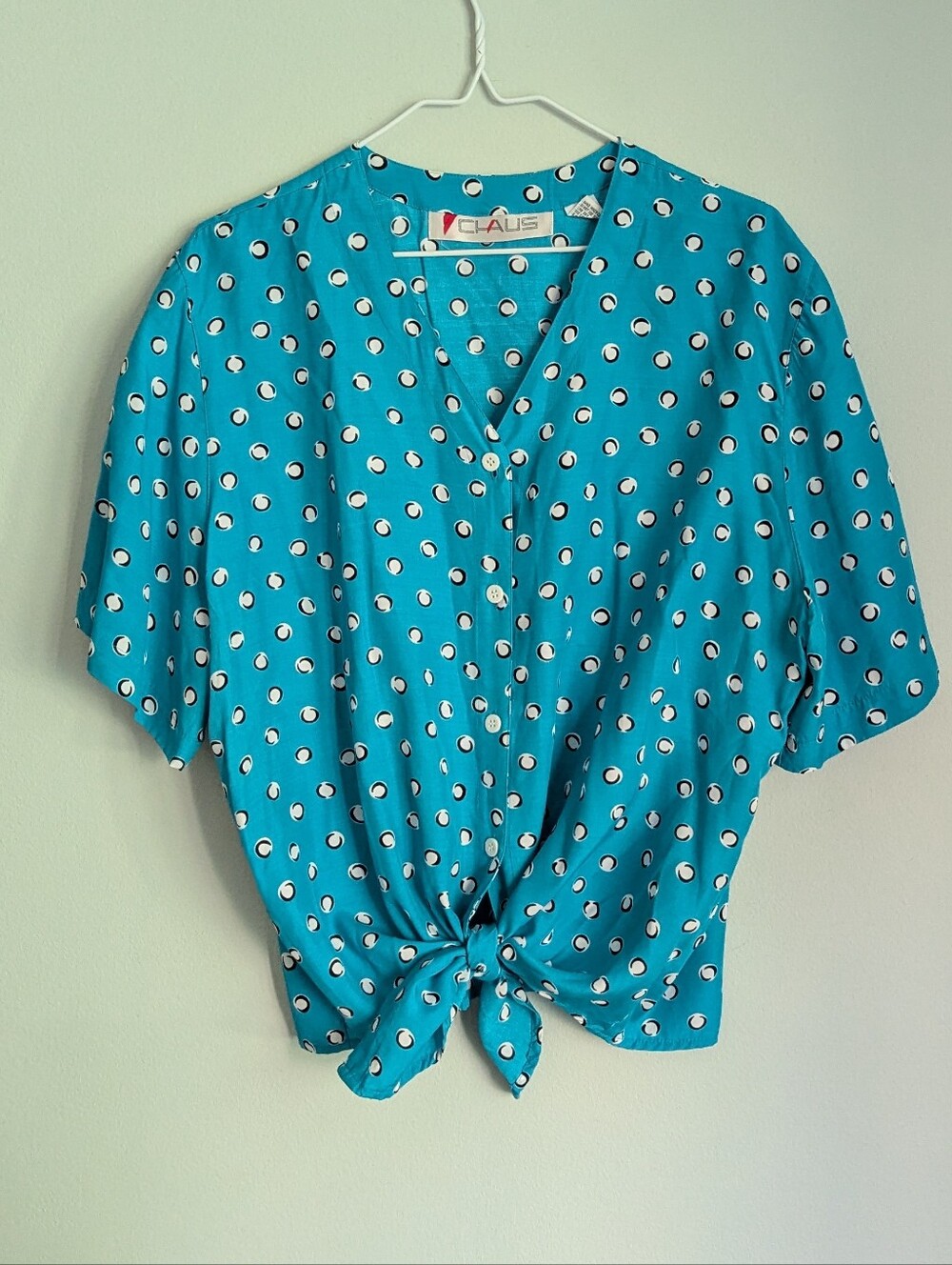 Vintage 80s Chaus Women's Large Blue White Dot Button Front Blouse Tie Front
